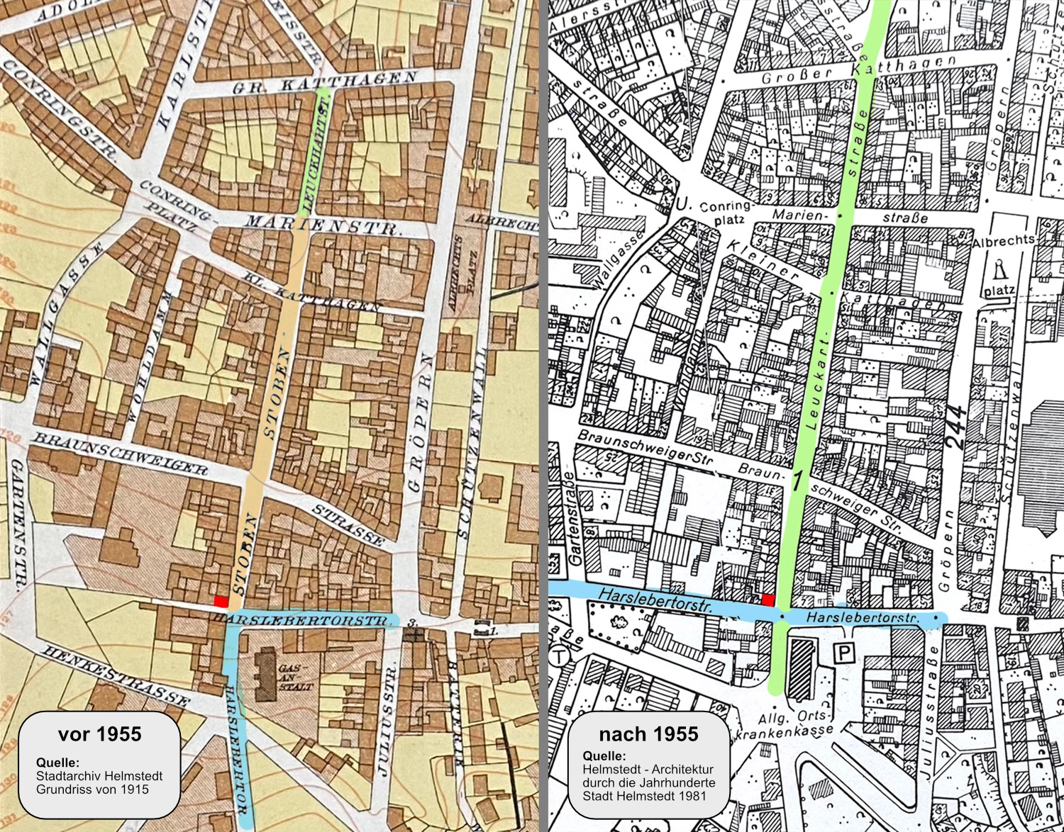 Helmstedt Strassenänderung 1955 Stoben - Leuckartstraße - Harslebertorstraße