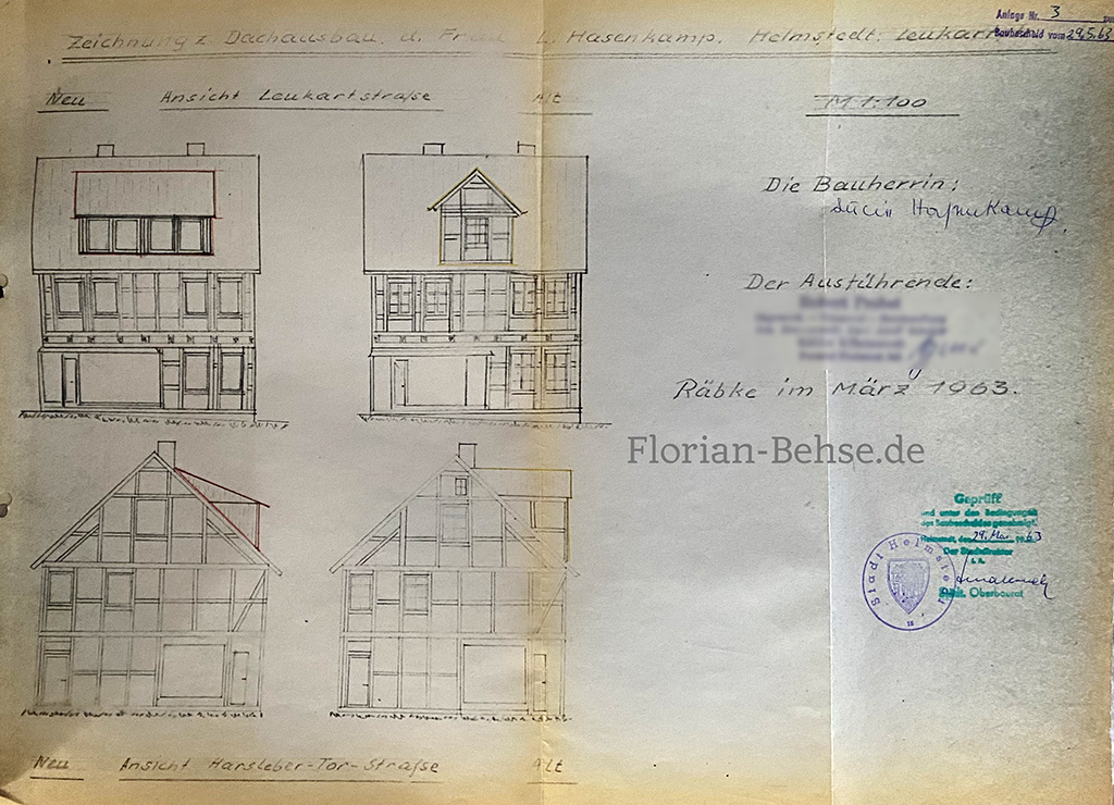Neubau Dachstuhl Plan 1963 Leuckartstr. 9 Helmstedt