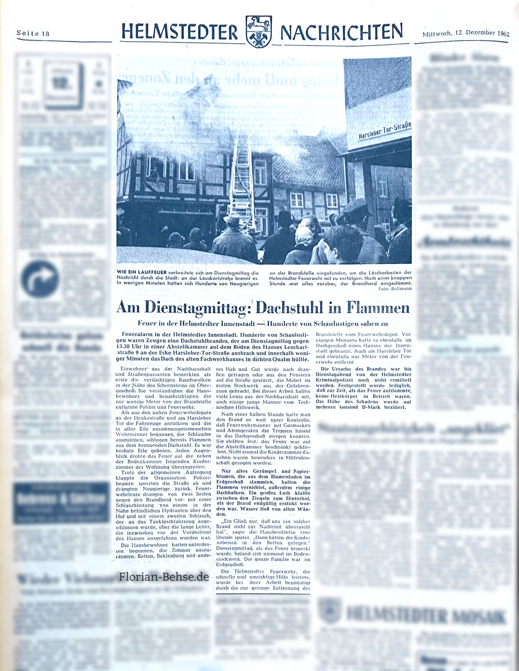 Dachstuhlbrand Leuckartstraße 9 in Helmstedt 11.12.1962